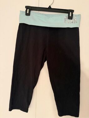 Victoria's Secret PINK Fold-Over Capri Yoga Leggings Black Blue Sequin Medium